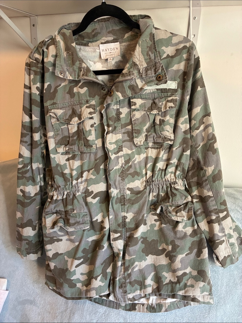 Oversized Hayden Camouflage Drawstring Utility Jacket in Green & Tan